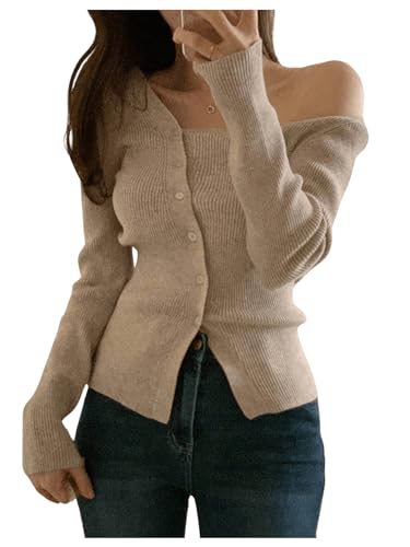 GORGLITTER Women's Off The Shoulder Sweater Tops Button Up Lightweight Y2k Cute Long Sleeve Fall Sweaters