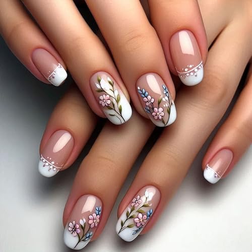 24 uñas postizas a presión de estilo francés, uñas postizas de flores, cubiertas completas, fáciles de aplicar para varias ocasiones