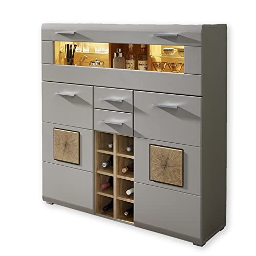 Stella Trading FUN PLUS 2 Barschrank in Basalt mit Hirnholz-Applikationen - Modernes Highboard mit LED-Beleuchtung - 120 x 129 x 37 cm (B/H/T)