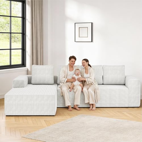 Yihomfy Canapé d'angle 261x145cm en Velours Côtelé - Mousse à Mémoire et Haute Résilience - Confort Orthopédique et Respirant - Canapé d'accueil Moderne Gris...