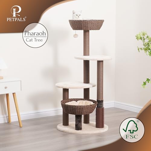PetPals 48\"High 5-Level Large Cat Tree with Handwoven Basket Beds, Multi-level Platforms,Recycled Paper Rope Scratching Posts, Removeable Cushions, Teaser Toy & Massager for Multi Cats, Brown & Beige