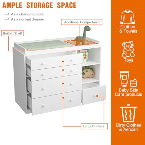 Timechee Changing Table Dresser, Baby Dresser with 5 Drawers and 2 Shelves, Multi-Functional Baby Changing Table, Classic Nursery Dresser, Diaper Changing Station for Children\'s Room, White