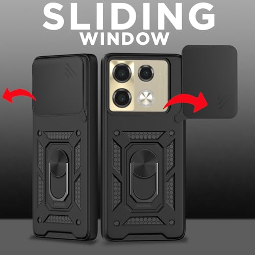 Image of Pikkme Back Cover for Infinix Note 40 Pro 5G | 360 Protection Case | Sliding Camera Shield Cover & Ring Holder Stand D10 Tough Armor Bumper Case (Black)