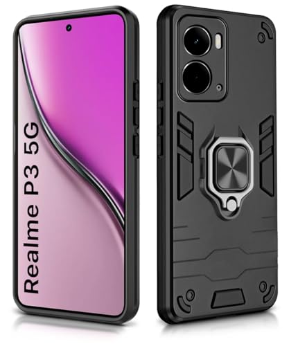 Image of WOW IMAGINE Shock Proof Back Case Mobile Cover for Realme P3 5G | Back Cover Case (Tough Armor | Hybrid PC + TPU | Ring Holder & in-Built Kickstand | Black)