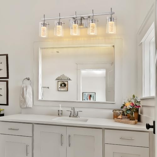 Image of 5-Light Brushed Nickel Vanity Light with 3 Color Modes (3000K /4000K /6000K), Eye Protection LED Bathroom Light Fixture, Dimmable Modern Wall Light Over Mirror with Clear Glass Shade