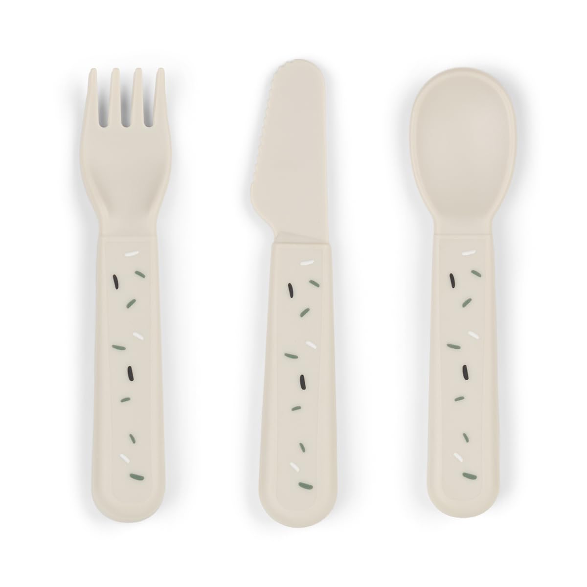 Done by Deer Ensemble de couverts Foodie Happy Dots Sand – Fourchettes et cuillères pour tout-petits avec bords arrondis – Ustensiles sûrs et faciles à nettoyer pour manger indépendamment