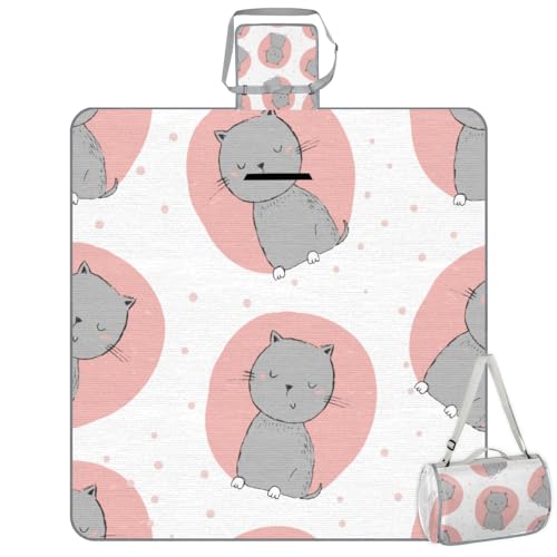 Shimoshe Picnic Blankets 57”x 59”, Pink Polka Dot Gray Cat Waterproof Sandproof Picnic Mat Lightweight Foldable Beach Blanket for Camping Park Grass Beach Outdoor Blanket