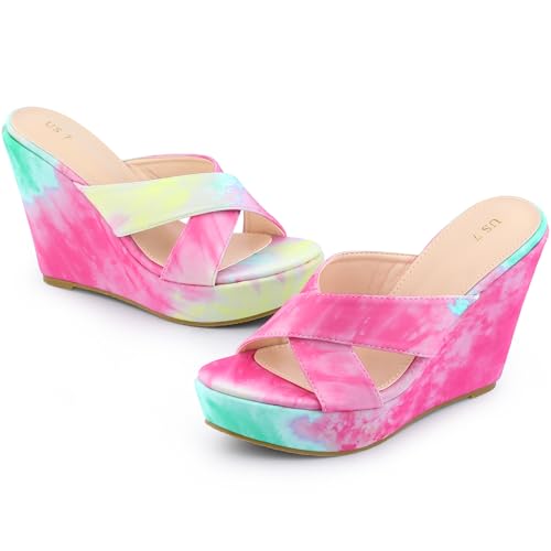 Allegra K Women's Tie Dye Crisscross Strap Wedges Slip on Wedge Heel Platform Sandals - Main Image