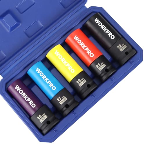 WORKPRO 1/2' Drive Lug Nut Socket Set, 5 Pieces 15 17 19 21 22 MM Non-Marring Lug Nut Wheel Socket Set, Thin Wall Wheel Protector Nut Socket