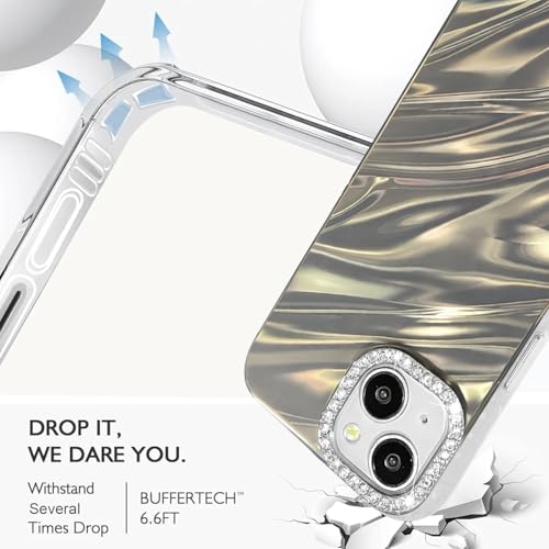 Image of DIZORO Compatible with iPhone 15 Case | Marble Glossy Hard PC Back Cover with Diamond Camera Protector | Ultra Stylish Shockproof Back Cover Case for Girls Women-Desert