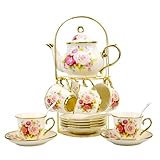 20-Pieces Porcelain Bone china Tea Sets,Gold Rim Coffee Set with Golden Metal Rack,Tea Gift Sets for Home&Party (007)