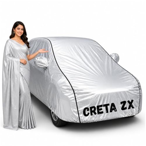 Image of Waterproof Car Body Cover for Creta ZX All Weather Protection Comes with Inner Cotton Lining & Triple Stitched with Mirror & Antenna Pocket Belt & Elastic Fit Metallic Silver with Black Piping1