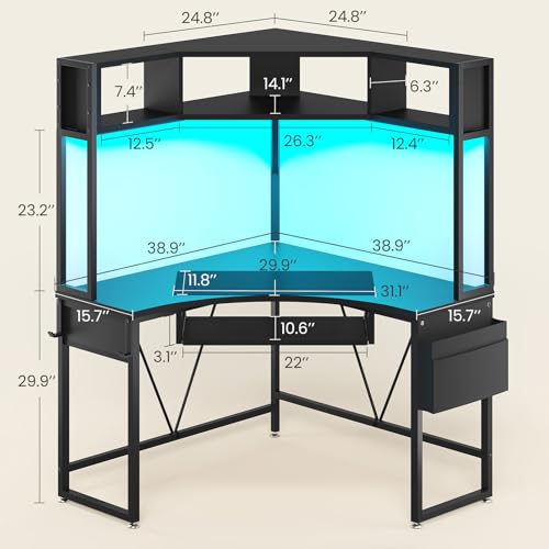 SEDETA-Corner-Desk-Small-Computer-Desk-with-Hutch-LED-Lights-Triangle-Corner-Gaming-Computer-Desk-with-Keyboard-Tray-Storage-Bag-and-Headphone-Hook-for-Small-Space-Home-Office-Desk-Black