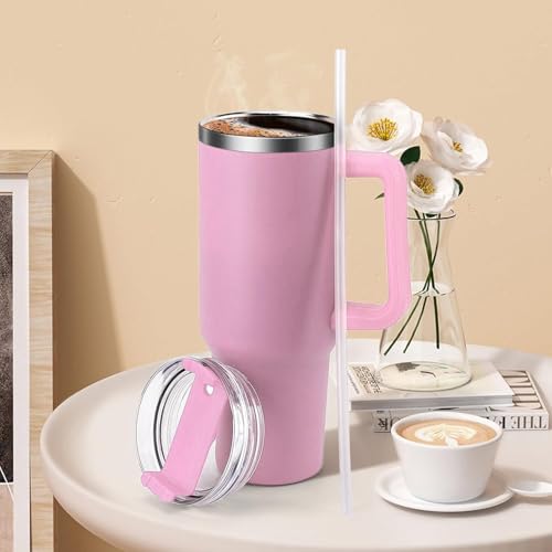 Image of SKDBPM Personalized Stainless Steel Tumbler with Handle, 1200ml Capacity, Black Insulated Travel Mug with Straw, Custom Name Design (Pink)