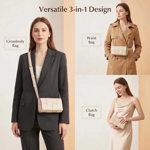 Image of Mini Woven Crossbody Bag for Women, Square Shoulder Handbag Leather Clutch Purse Cute Fanny Packs with Adjustable Belt