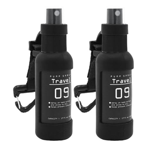KUAIYIJU Paquete de 2 botellas desinfectantes de viaje, compactas, pulverizadores de alcohol multiusos para actividades al aire libre