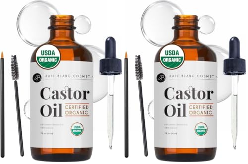 Image of Kate Blanc Cosmetics Castor Oil Organic for Hair, Lashes, Face, Skin (2oz), 100% Pure, Cold Pressed, Hexane Free Hair Oil. Lash Serum for Thicker-Looking Eyelashes & Eyebrows (Pack of 2)