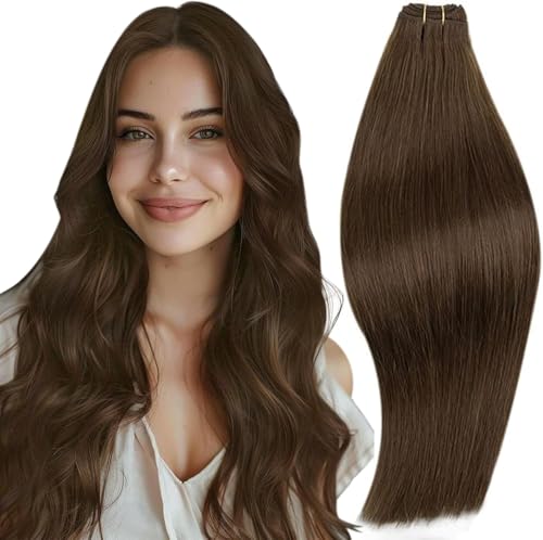RUNATURE Weft Hair Extensions Real Human Hair Brown Sew in Hair Extensions Human Hair Brown Invisible Double Weft Hair 100g/Pack 20 Inch #4