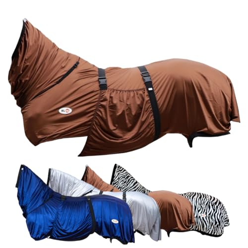 RL24 - Ekzemerdecke mit Halsteil & Bauchlatz – Fliegendecke zum Schutz vor Insekten – feinmaschiges Gewebe, doppelter Frontverschluss & Beinschnüre – Outdoor-Pferdedecke in Hellbraun – 135cm