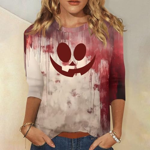 Halloween Shirts for Women 3/4 Sleeve Plus Size Crewneck Loose Fit Cute T Shirt Halloween Costumes for Women 2025