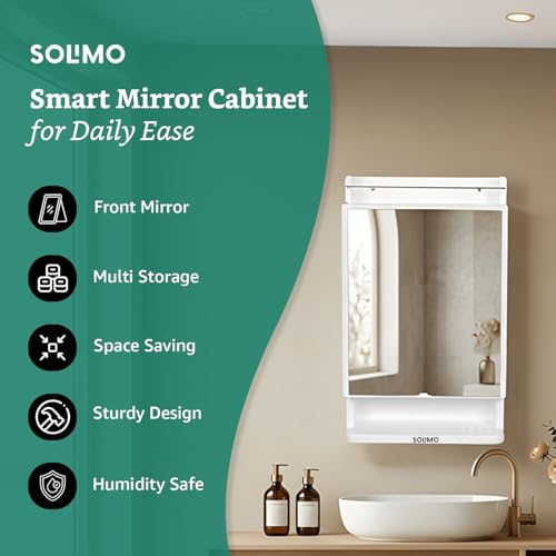 Image of Amazon Brand - Solimo CleanLook Wall Mounted Plastic Bathroom Mirror Cabinet with Storage Shelves, Space Saving Organizer for Toiletries & Daily Essentials, White