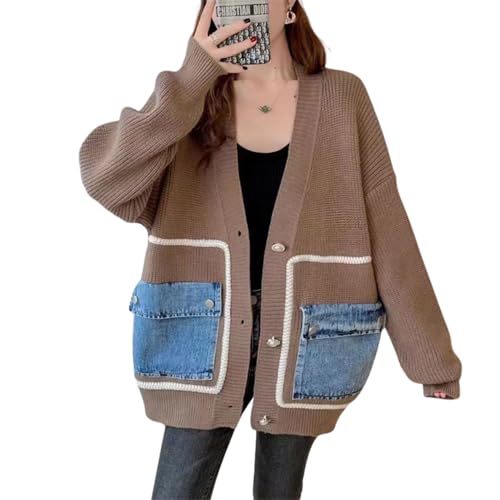 Image of FindThy Women's Casual Button Up Cardigan Oversized Long Sleeve Jean Patchwork Sweater Cardigans