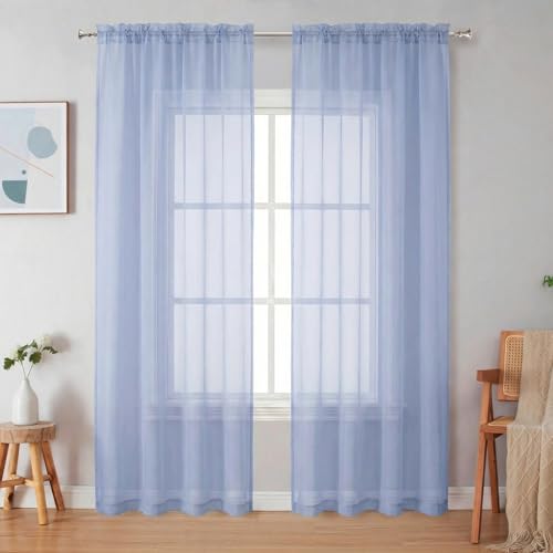 Image of Simplebrand Denim Sheer Curtains 84 Inches Long, Light Filtering Rod Pocket Solid Color Window Sheer Curtain Panels, Elegant Curtains & Drapes for Living Room, Bedroom 2 Panels (Denim, 42 inch W x 84 inch L)