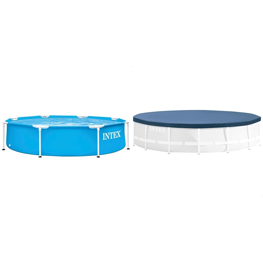 Intex 28205NP - Piscina Desmontable Redonda Metal Frame Familiar Color Azul, Medidas Ø244x51 cm & 50966 - Cobertor para Piscinas Desmontables Metal y Prism Frame 305 cm
