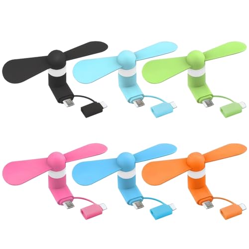 Ventilador de teléfono 6 piezas 2 en 1 Micro USB y ventilador de teléfono celular tipo C TPE Mini silencioso con motor fuerte Desmontable 5V-1A Portátil para interiores y exteriores, colores mezc.