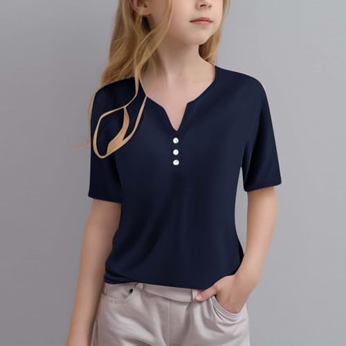 Girls Short Sleeve T-Shirts V Neck Buttons Tops Basic Tee Solid Color Blouse Loose Pullover Spring Summer Shirt 20254