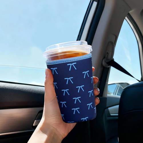 Image of Reusable Insulated Sleeve for Iced Coffee Cup, 3-Pack Coffee Neoprene Drink Sleeve for Cold & Hot Drinks, Beverage Holder for Iced Coffee (Navy Bows)