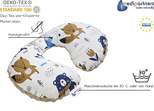 Medi Partners Nackenkissen Kinder Nackenhörnchen Auto Flugzeug Baby - 100% Baumwolle/Minky Nackenstütze Kopfstütze Kindersitz Autositz Nackenrolle Kissen (Boho Animals mit beigem Minky)