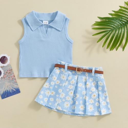 Image of BeQeuewll Toddler Baby Girl Summer Clothes Daisy Flower Girl Outfit Knit Shirt Mini Pleated Skirts Set Outfits for Grils1-4T (Blue, 3-4 Years)