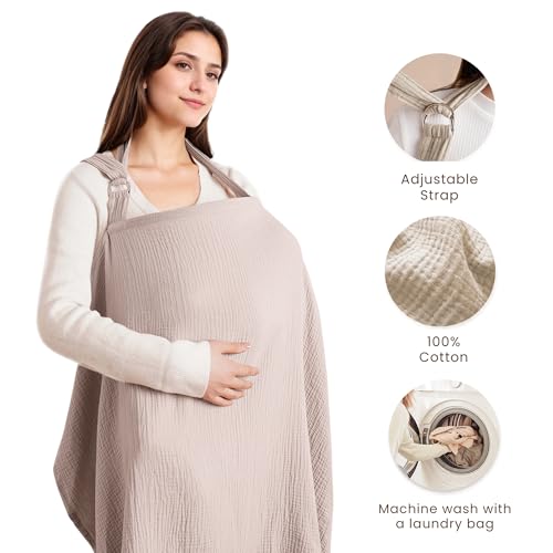 Image of Konssy Muslin Nursing Cover Up for Breastfeeding with Rigid Hoop | 100% Cotton Nursing Apron, Lightweight & Breathable, Carseat Canopy, Breast Feeding Covers for Women