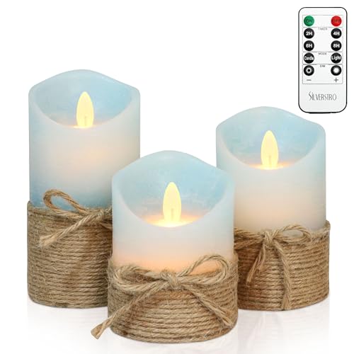 Silverstro Nautical Decor Ocean Blue Flameless Candles with Remote - Home Farmhouse Easter Spring Decorations - Set of 3 (D3.11 X H4 5' 6')