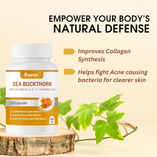 Image of Sushain Sea Buckthorn Capsules | Omega 3, Omega 6, Omega 7, Omega 9 + Natural Vitamin C | Liver, Heart & Skin Health | Immunity & Antioxidant Support | Ayurvedic Supplement (Pack-2)