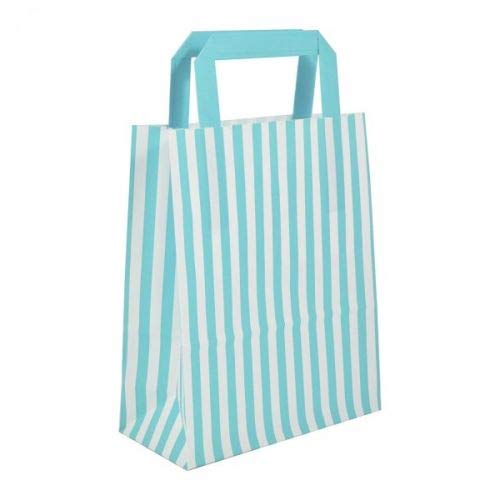 20 Candy Stripe Flat Handle Bags - Birthday Party Paper Gift Bag - Select your Colour 22x18x8CM (Aqua Blue)