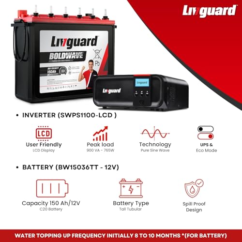 Image of Livguard Sineverter Pro with LCD Display 900VA /12V Pure Sinewave Inverter with Livguard 150Ah Tall Tubular Inverter Battery |Reliable Power Backup for Home, Office, and Shops