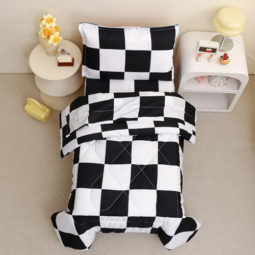 Image of Caressma Checkered Toddler Bedding Set Black White Plaid Comforter Set | Classic Black and White Bed Set, Grid Buffalo 4 Pieces Kids Bedding with Comforter, Fitted Sheet, Flat Sheet, Pillowsham