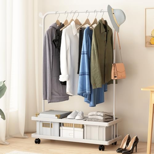 Image of Story@Home Freestanding Metal Clothes Hanging Stand with Wheels, Bottom Storage Shelf & Coat Hanger | Heavy-Duty Garment Rack for Bedroom, Laundry, Entryway & Living Room - White