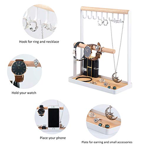 Portin Jewelry Organizer Display Stand Holder with Wooden Ring Tray and Hooks Storage Necklaces Bracelets, Rings, Watches Metal Desk Organizer Stand