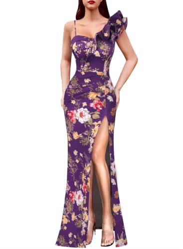 Image of VFSHOW Womens Ruffle One Shoulder Formal Prom Gala Maxi Dress Evening Gown | V Neck, Bodycon, Sexy High Slit, Long Cocktail Wedding Guest Dresses, Party, Bridesmaid