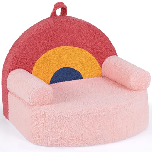 GOPLUS Sofá para Niños, Sofá de Espuma Infantil con Funda de Felpa Desmontable, Base Antideslizante, Asa, Reposabrazos, Sillón de Bebé de Arcoíris para Leer, Jugar, 55 x 44 x 44 cm