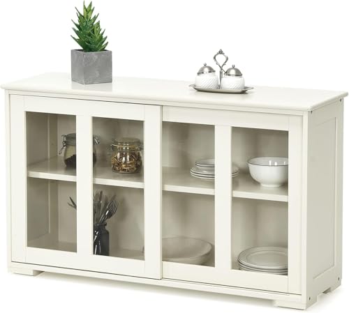 NAFORT Wooden Buffet Cabinet Sideboard with Sliding Doors, Kitchen Storage Console Table, Accent Coffee Bar with Adjustable Shelf for Living Room, Dining Room (White, 13' D x 42' W x 24.5' H)