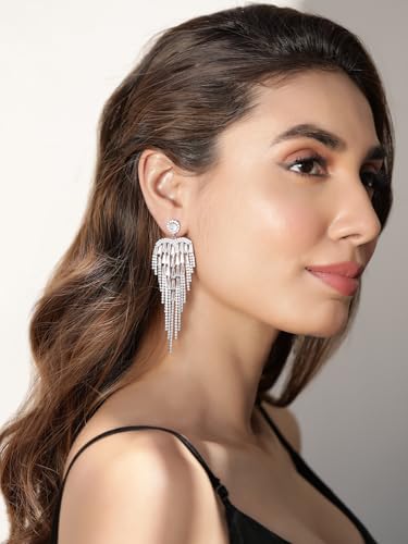 Image of Rubans Long Dangler Earrings Crystal & American Diamond Zirconia Jewellery Gift for Women & Girls