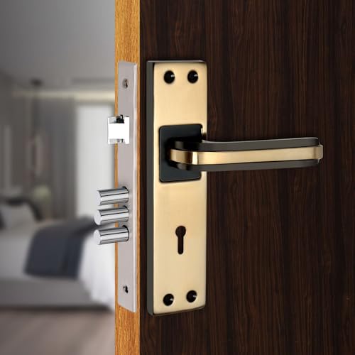 Image of Milton Iron MHI-Liner Black.Gold 7 Inch Iron Mortise Lock Set with Lock Handle,Finish, Black Gold 175 mm x 40 mm Plate, 100mm Handle Length, Includes Keys and Screws