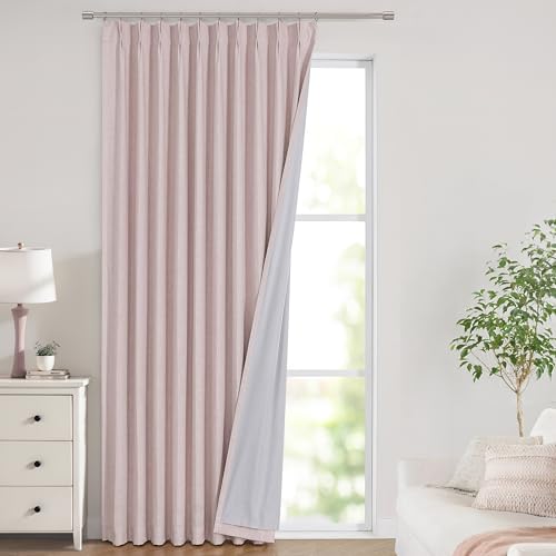 Image of Vision Home Soft Pink Pinch Pleated Full Blackout Curtains Linen Blended Room Darkening Window Curtains 112 inch for Living Room Bedroom Thermal Insulated Pinch Pleat Drapes with Hooks 60 inch Wx112 Lx1