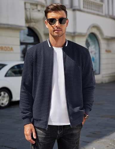 COOFANDY Mens Casual Jacket Lightweight Waffle Bomber Sweatshirt Sweater Jacket Zip Up Varsity Coat2