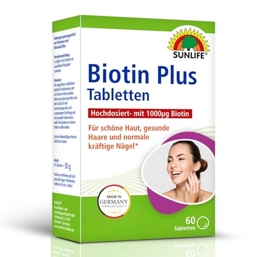 SUNLIFE Biotin Plus 1000 Tabletten - 1 x 60 Stück - Biotin hochdosiert mit Vitamin C & Zink - hochwertige Biotin Zink Tabletten - gluten- & laktosefreie Haar & Nägel Tabletten zur täglichen Anwendung