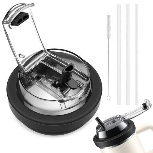 Woozies Tapa A Prueba De Fugas 40oz Para Stanley Cup, Tapa Hermética Para Stanley Taza 40oz Con 3 X Pajillas Y 1 X Cepillo Pajillas, Tapa De Repuesto Removible Y Reutilizable Negro